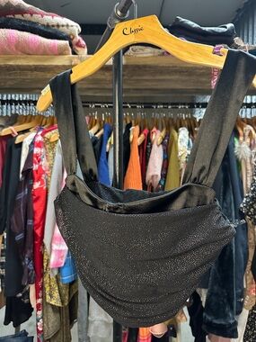 Black Sparkle Draped Bustier Top with Wide Straps